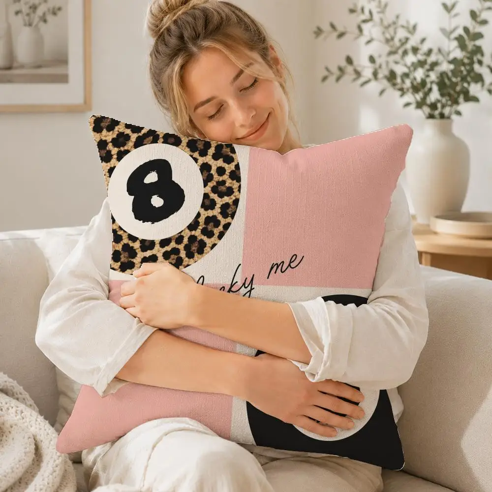 Pattern Lucky 8 ball & leopard print Cushion Cover Linen Cushion Cover, Double-Sided Printed Pillow Cover for Sofa Home Decor