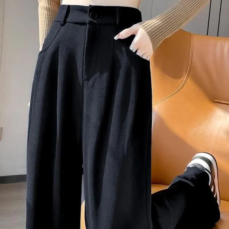 Winter Women Pants Chic Solid Thicken Thermal Plush Straight Leg Sweatpants Lady Snow Warm Outside Daily High Waisted Trousers