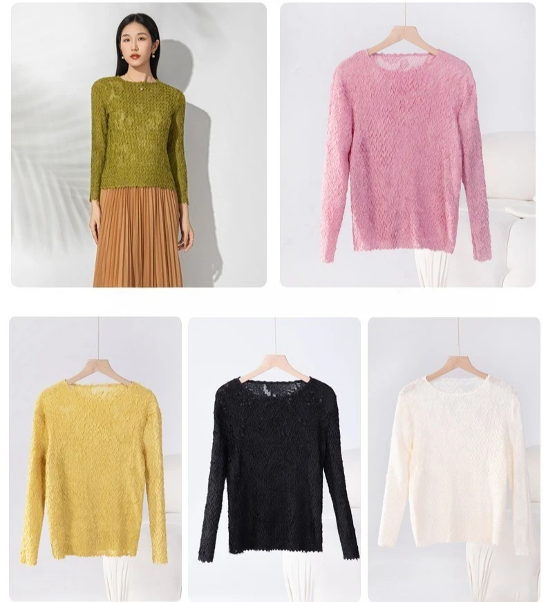 

Miyake Pleated 2025 Fall and Winter New Fashion Round Neck Pullover Top Handmade V Pleated Long-sleeved Bottoming Shirt Female