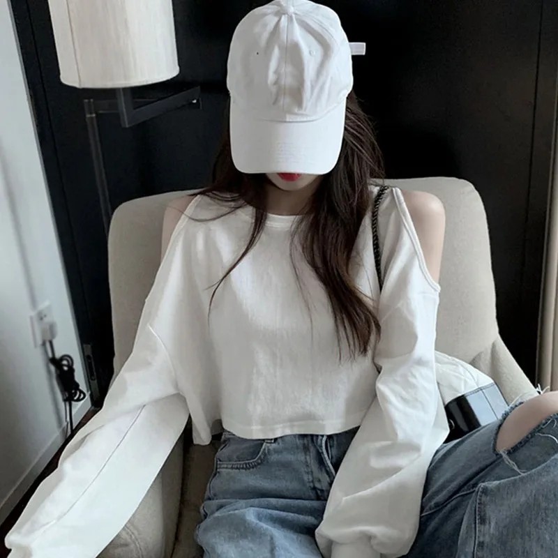 Vintage Off Shoulder  Tshirts For Woman Long-Sleeved T-shirt Women\'s  Korean Round Neck Loose Solid Color All-match