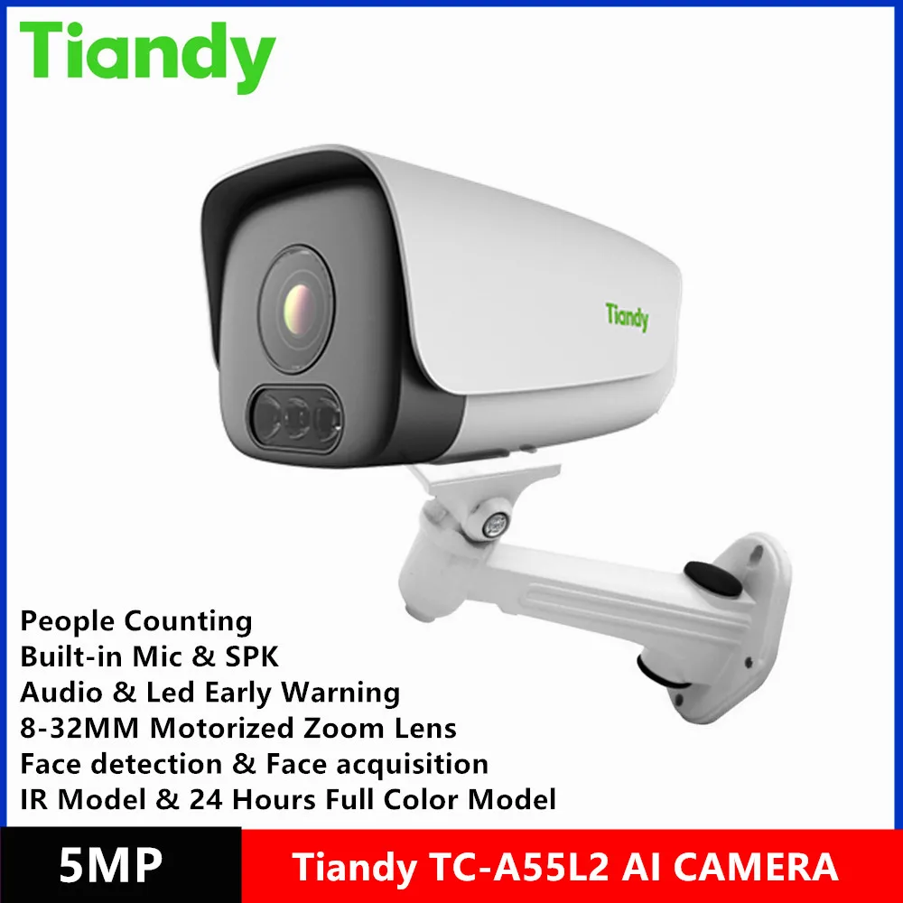 Tiandy brand TC-A55L2 5MP 8-32mm Motorized zoom Lens built-in MIC & SPK POE IP67 Starlight IR & full color  IP AI Camera