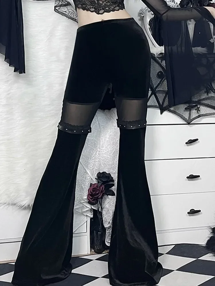 WOWOOTD Y2K Velvet Pants Gothic See Through Winter Mesh Patchwork Grunge Streetwear Vintage Black E Girl Leg Belted Flared Pants