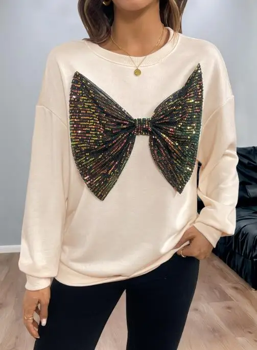 

Осенний женский модный индивидуальный топ с блестками и бантом, свободный топ с длинными рукавами, повседневный свободный топ с круглым вырезом и цветными блоками