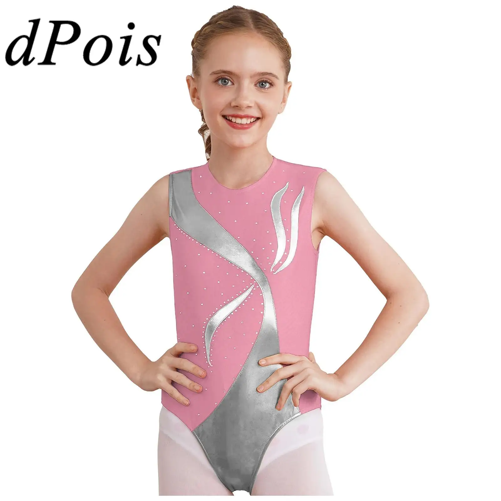 

Kids Girls Ballet Dance Rhythmic Gymnastics Bodysuit Acrobatics Figure Skating Leotard Sleeveless Metallic Patchwork Dancewear