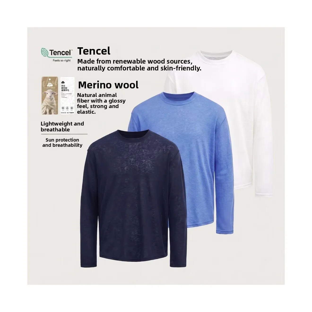 Merino Wool Lyocell Long Sleeve T-Shirt Thin Breathable Sun Protection Loose round Neck Top for Men And Women