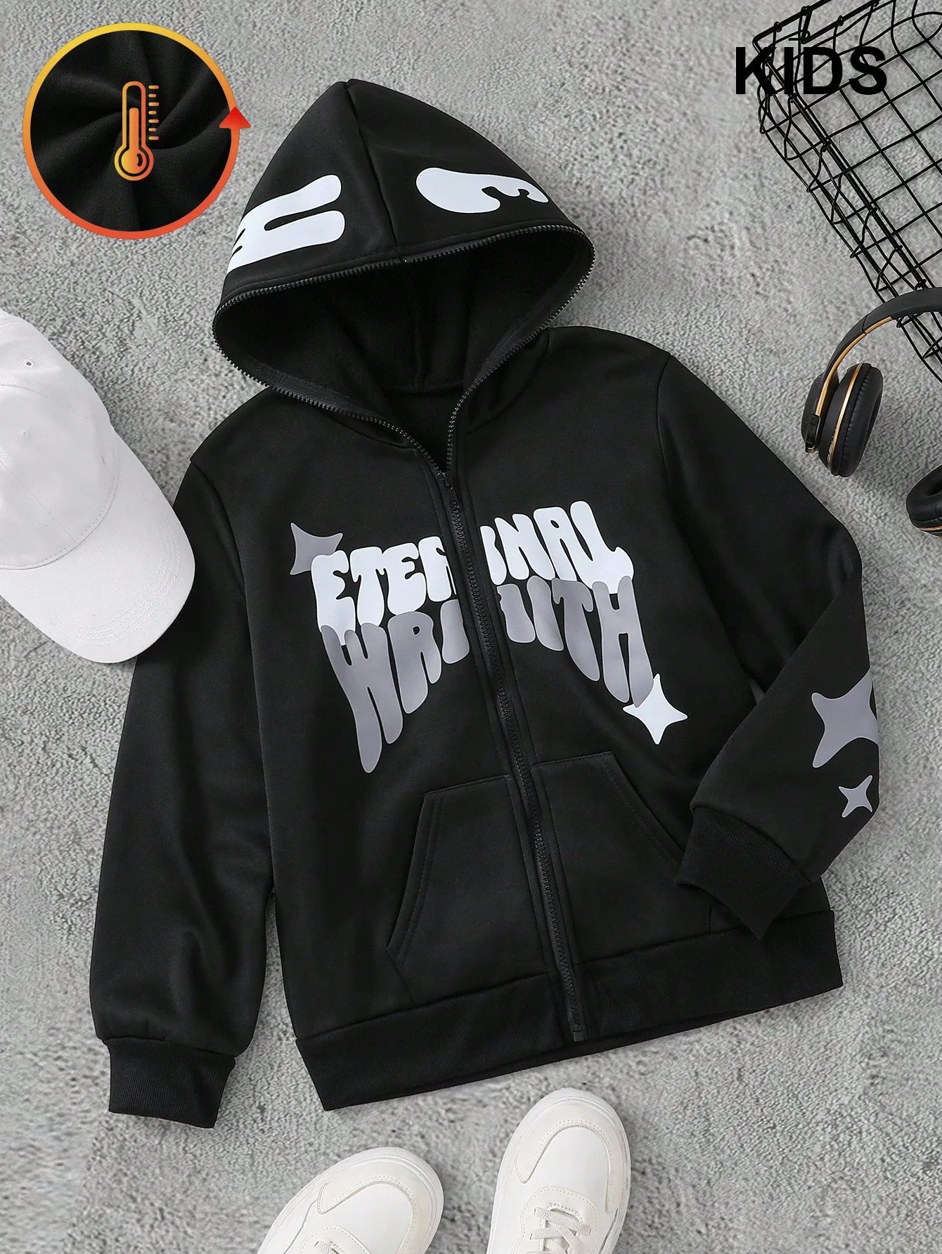 

Kids Black Zip-Up Hoodie with Graphic Letter Print and Star Motifs, Warm Fleece Lining