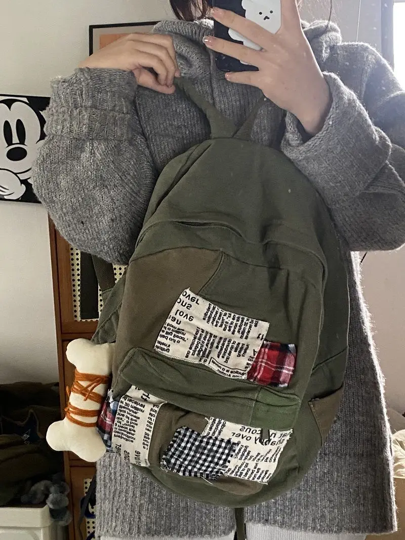 JIAERDI Y2k Grunge Green Backpack Women Harajuku Patchwork Canvas School Bag Backpacks Female Vintage Casual Mochila Aesthetic