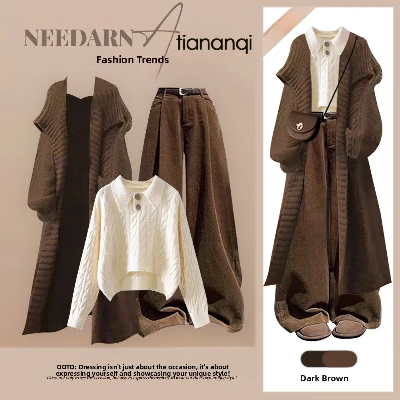 

Autumn Faion Knitted Open Cardigan Loose Casual Tee-Piece Set Age-Defng Slimming Sle Layering with Casual Pants