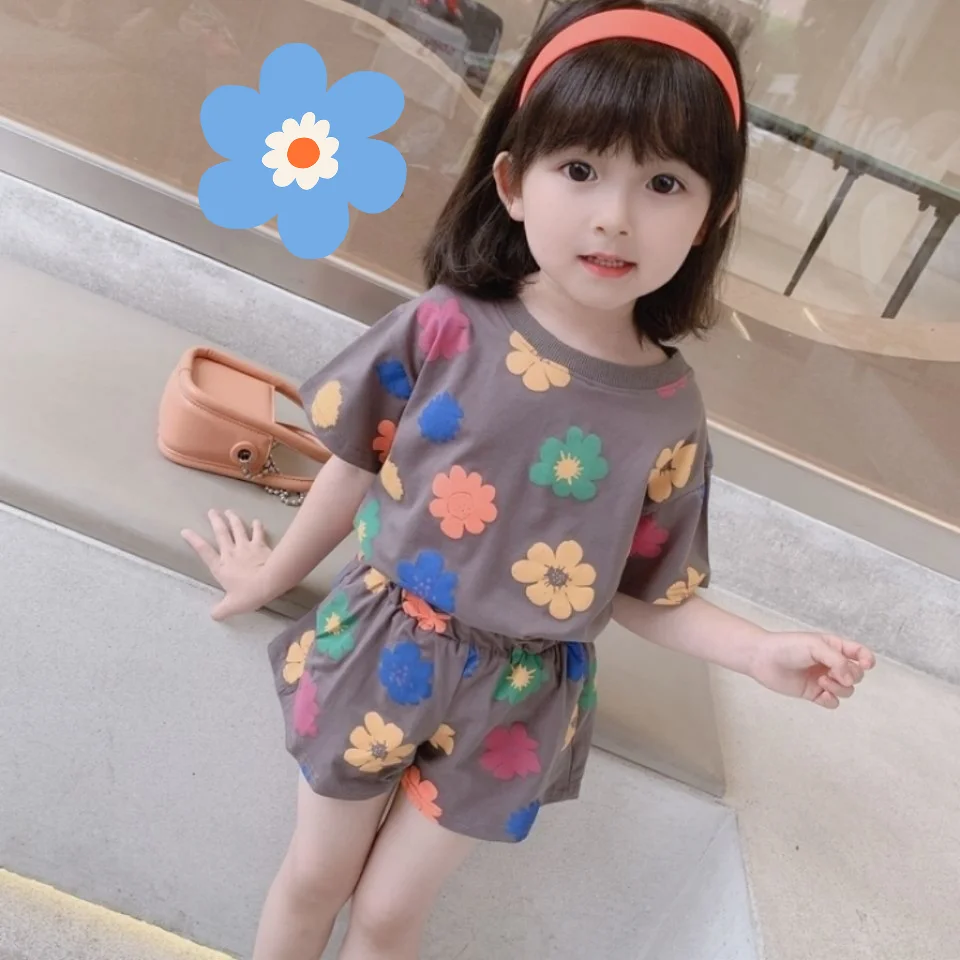 Summer Baby Girls Clothes Set Children Flower Printed T-Shirts And Shorts 2 Piece Suit Kid Fashion Top Bottom Outfits Tracnsuits