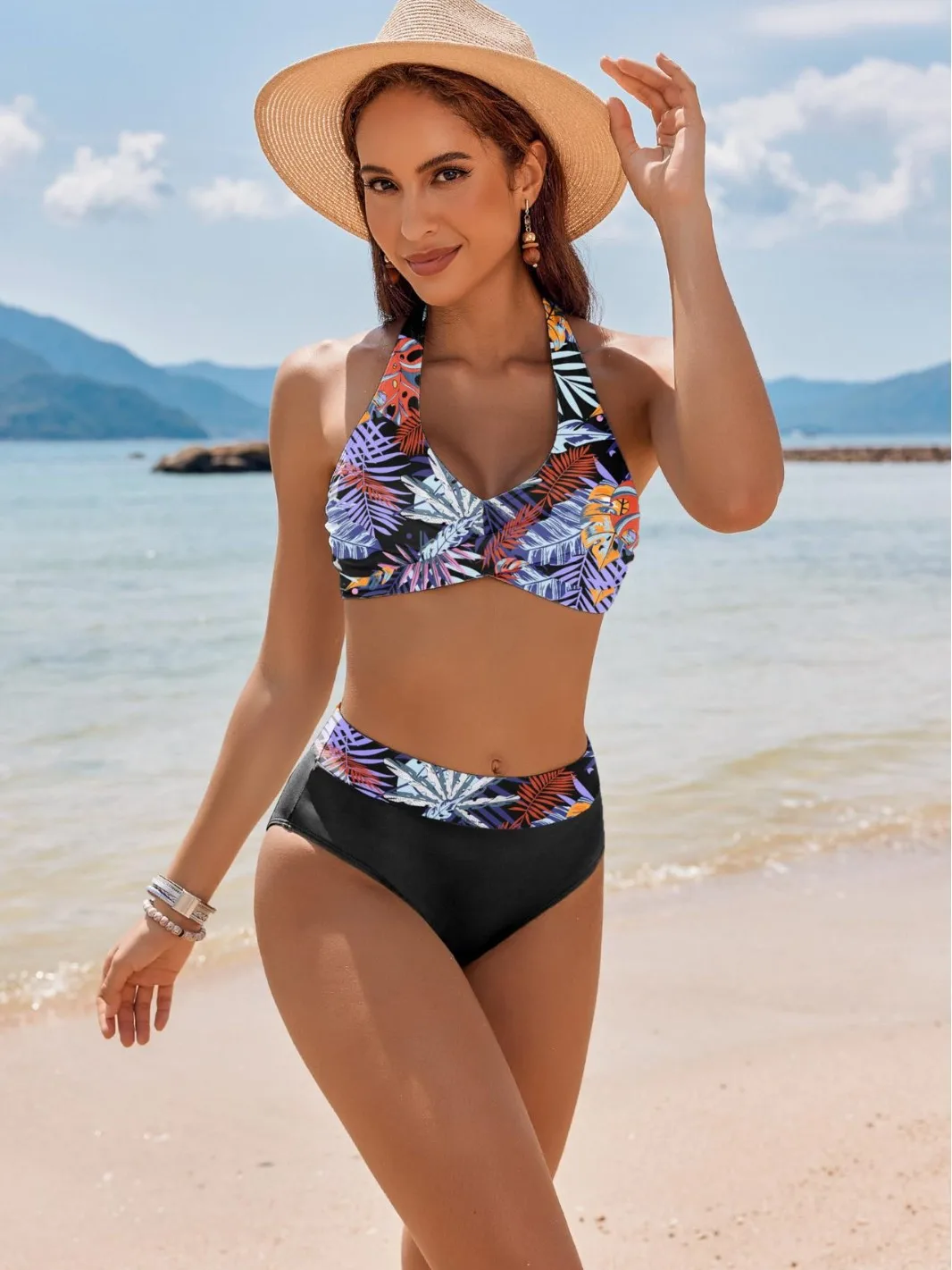 2026 Summer Halter Bikini Set Women Twist Front High Waisted Tummy Control Padded Swimwear Vacation Beach Two Piece Bathing Suit