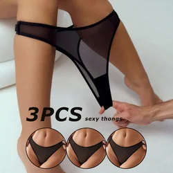 Women Sexy See Through Panties Thong Mesh G-Strings Low Rise Brief Black Underwear 3PCS