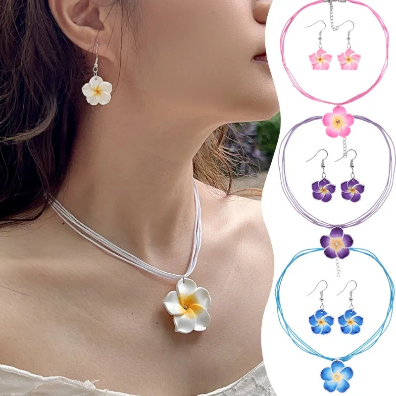 Hawaiian Plumeria Necklace Dangle Earrings Handmade Soft Polymer Statement Drop Ear Rings Jewelry 2024 Flower Earring for Women