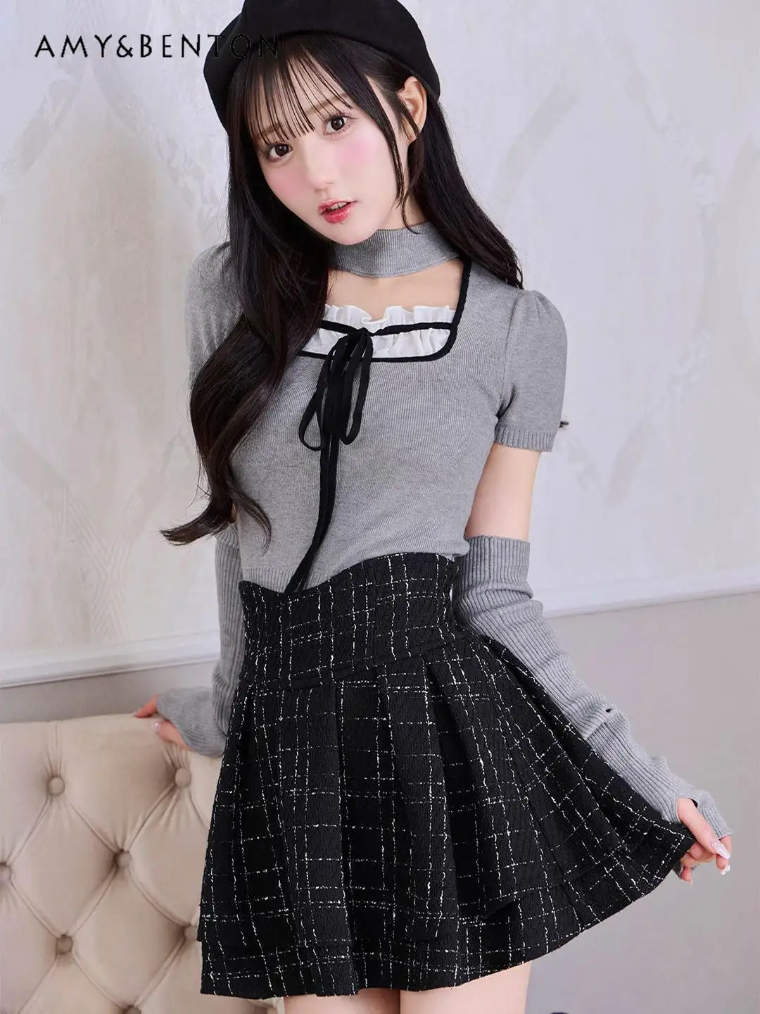 

Elegant Temperament Socialite Tweed Skirt Sweet High Waist Plaid Skirt Women's Japanese Style Versatile Fashion Sexy Mini Skirt