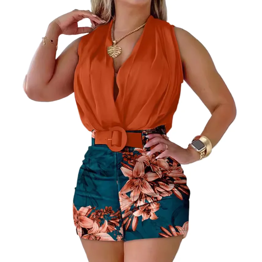 

Летняя мода, новый комплект с шортами, женский сексуальный топ без рукавов с лямкой на шее, шорты с принтом, комплект из двух предметов, элегантный офисный женский костюм для поездок на работу