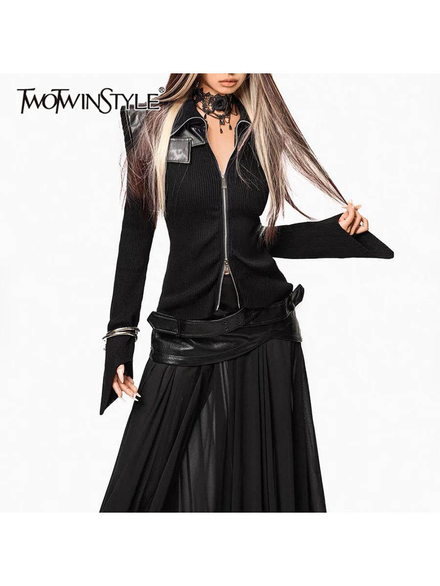 TWOTWINSTYLE Flap Pocket Spliced Solid Slimming Sweater for Women Turn Down Collar Long Sleeve Patchwork Zipper Sweaters Female