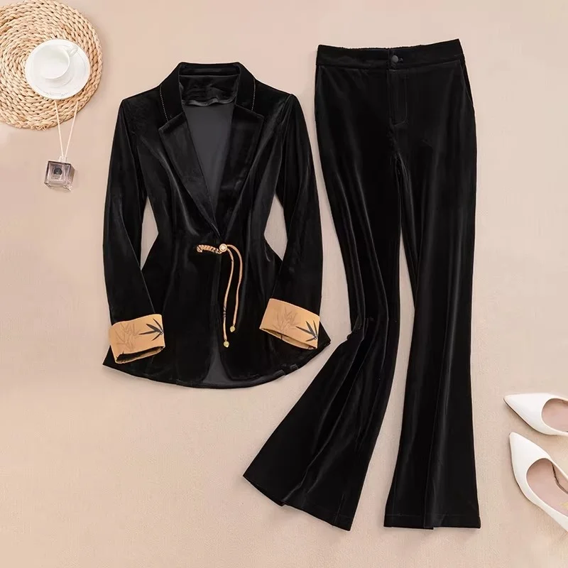 

Женский короткий костюм: пиджак и брюки, комплект из золотистого бархата в китайском стиле для весны и осени, новые роскошные офисные костюмы 2026 года w2160