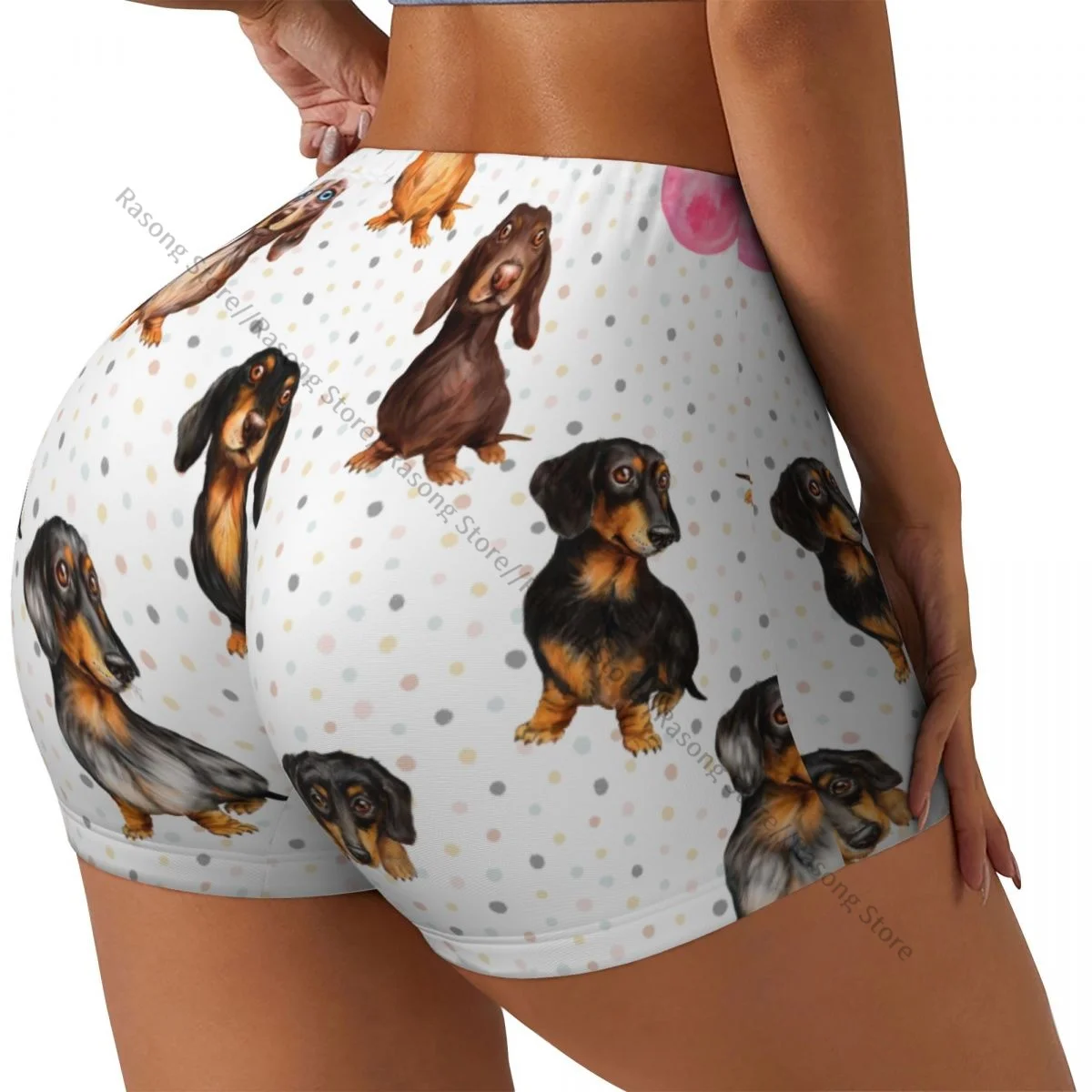 

Spandex Yoga Shorts for Women Cute Dachshund On Polka Dot Workout Booty Shorts