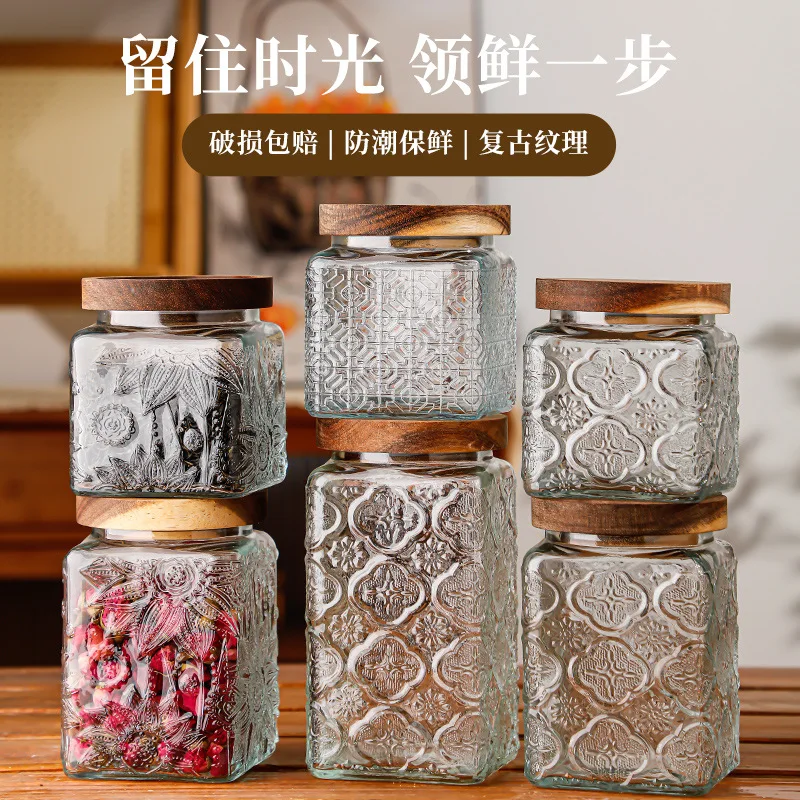 

Wood Lid Glass Airtight Canister Food Container Kitchen Storage Bottles Jars Grains Tea Coffee Beans Grains Candy Jar Containers