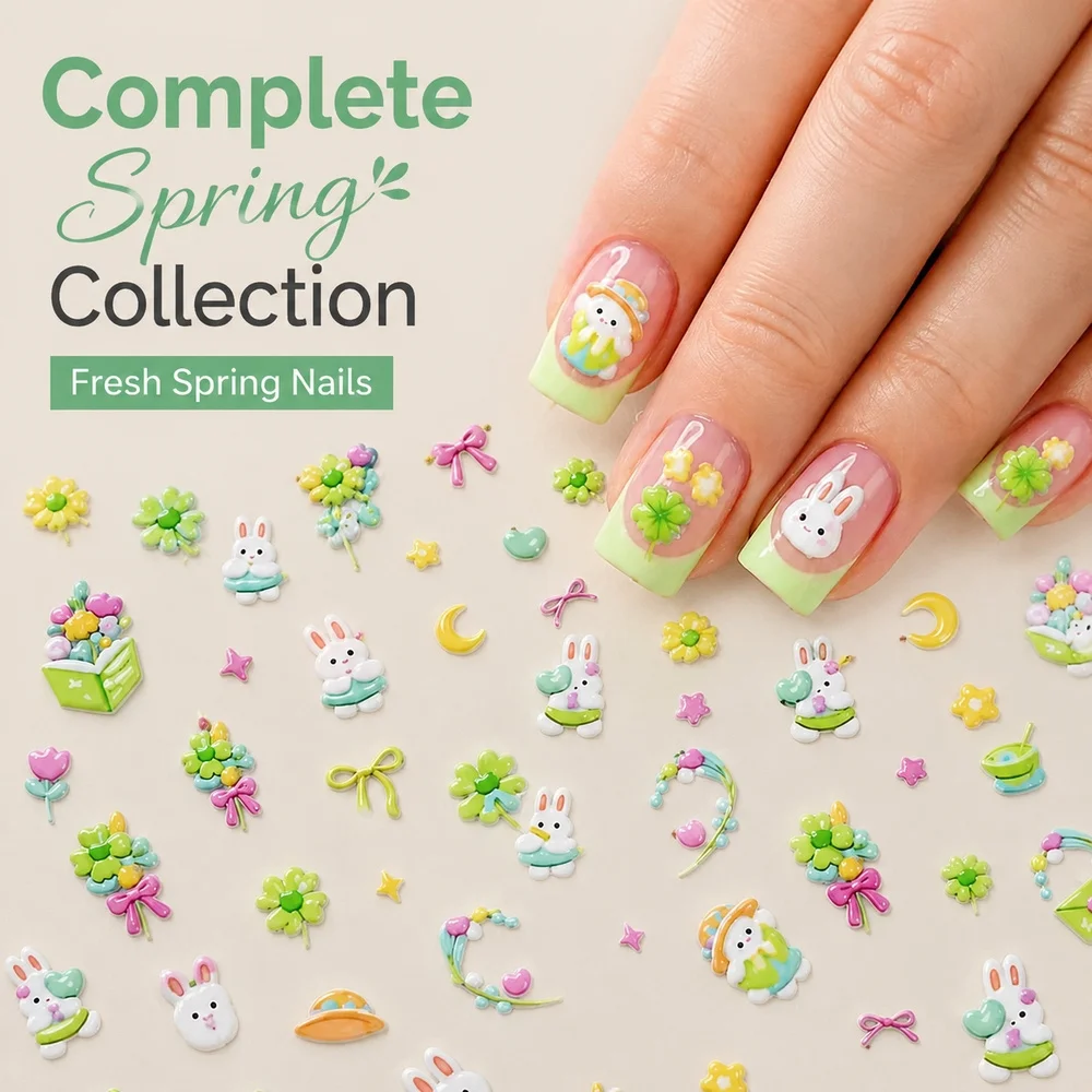 1Pc Soft Pastel Rabbit Nail Stickers 3D Embossed Four-Leaf Clover Hat Bunny Bow Waterproof Self Adhesive Sweet Nail Ornaments