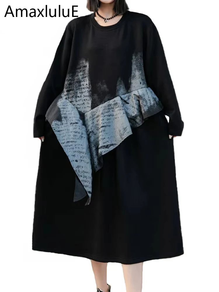 

Amax luluE Women Fashion Elegant Patchwork Long Dresses Fall Vintage Loose Casual O Neck Vestidos British Classic Luxury Clothes