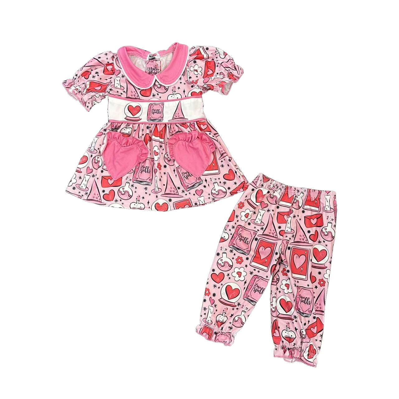 Wholesale Kids Valentine's Pajamas Outfits Heart Children Milk Silk Print Happy Valentine Girls Sets