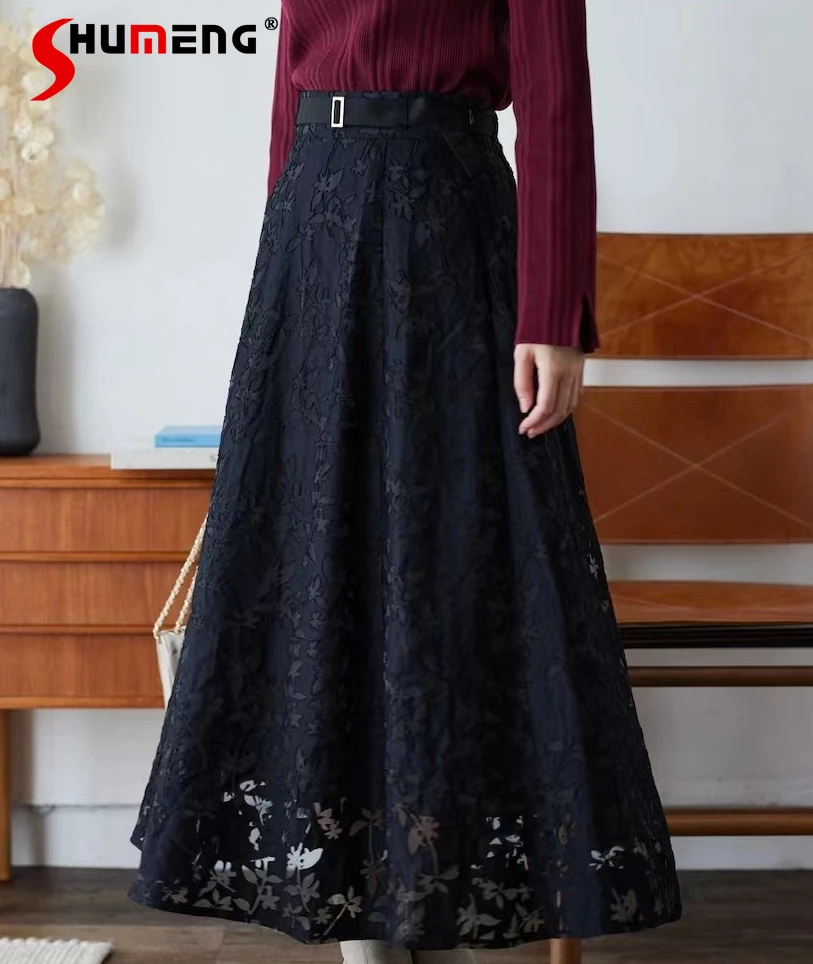 

Elegant Hollow Flower Black Lace Skirt Woman 2024 Early Autumn New Japanese Style Slimming Flowers Stitching Belted Mid Skirts