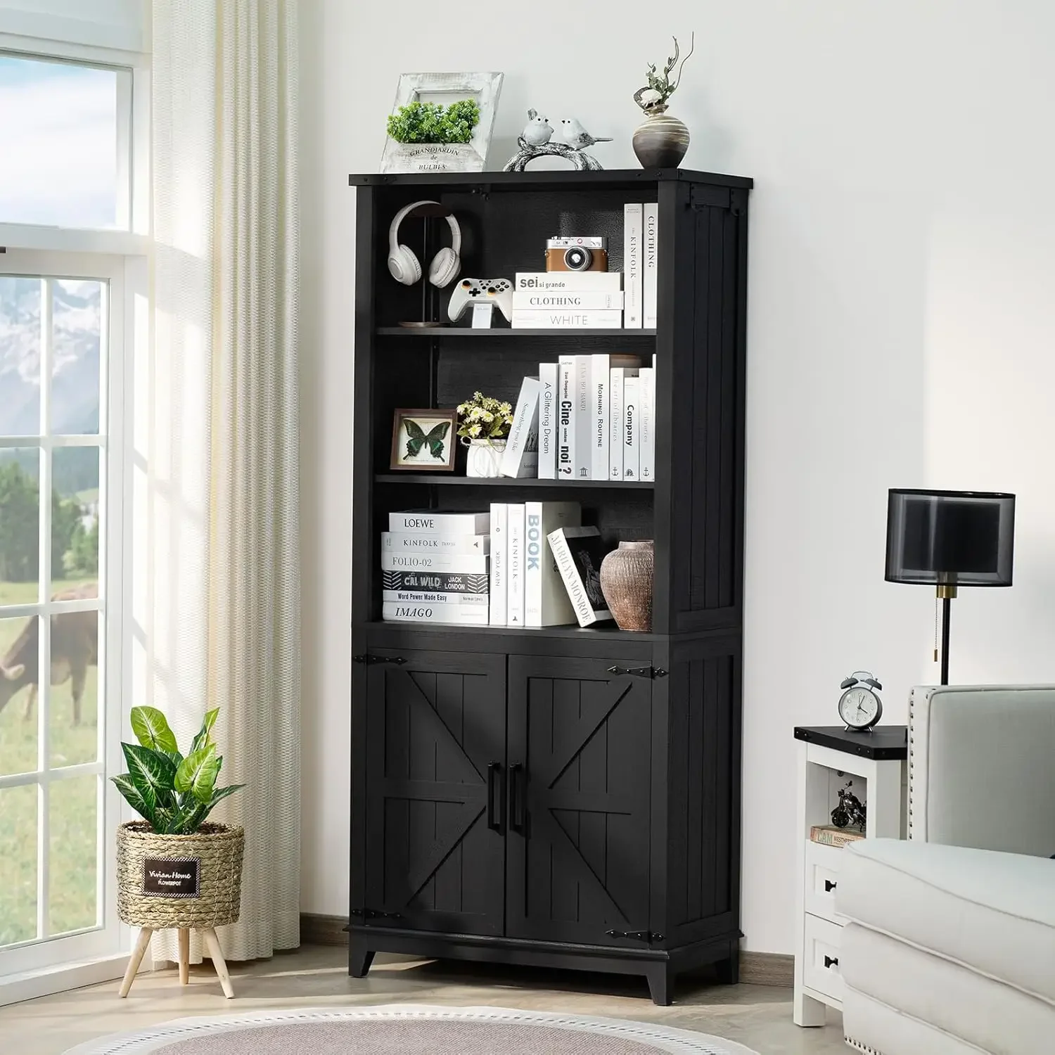 70in Tall Bookshelf 5 Tier Bookcase with Barn Doors and Adjustable Shelves, Black Farmhouse Book Shelf with Storage Cabinet.