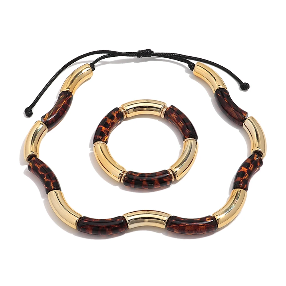 2Pcs/Set Vintage Acrylic Leopard Tube Beads Necklace Bracelets Geometric Chunky Bamboo Beads Bracelets Necklaces Fashion Jewelry