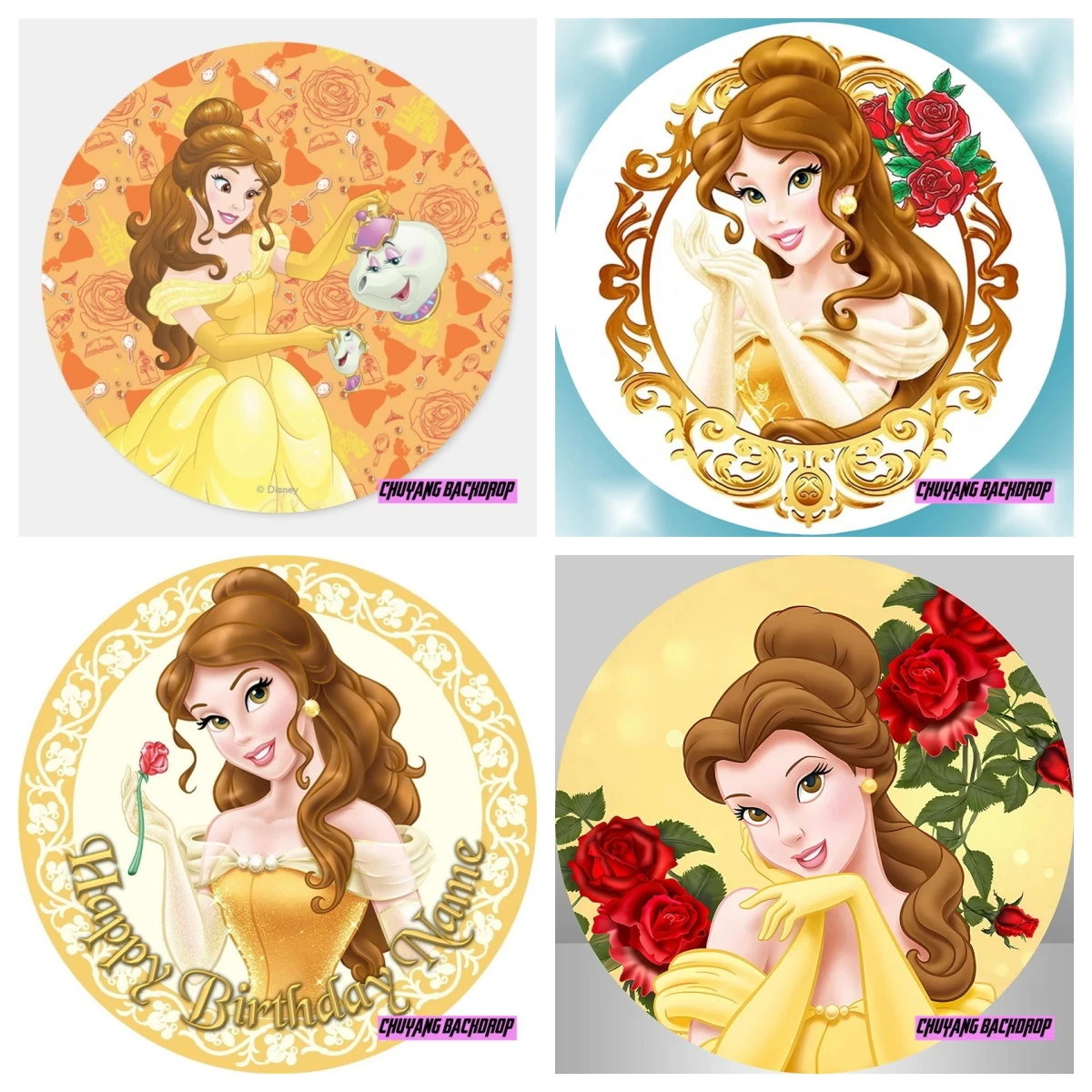 Disney Princess Girl Beauty And The Beast Belle Birthday Backdrops Round Cover Party Background Decoration Wall Supplies Circle