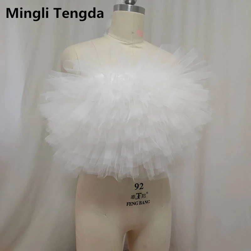 Mingli Tengda Gelaagde Pluizige Top Elegante Zwarte Sexy Backless Ruffle Tulle Fashion Stage Modellering Prestaties Capes Jas Bolero