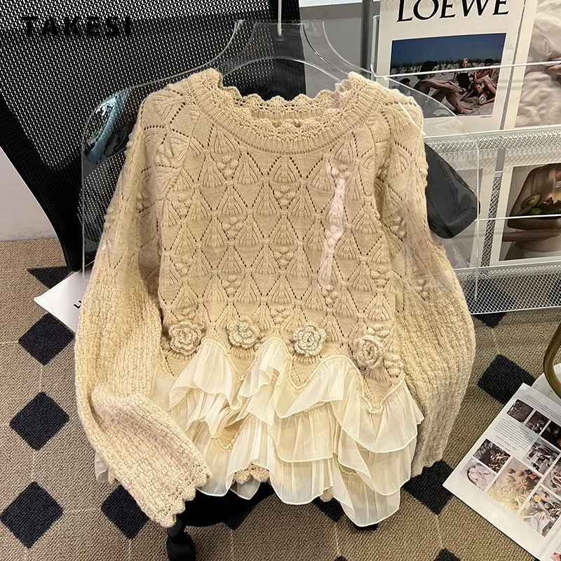 Women\'s Vintage Elegant Knitting Long Sleeve Lace Pullovers 2023 Autumn Winter Round Neck Patchwork Ladies Loose Sweater Top