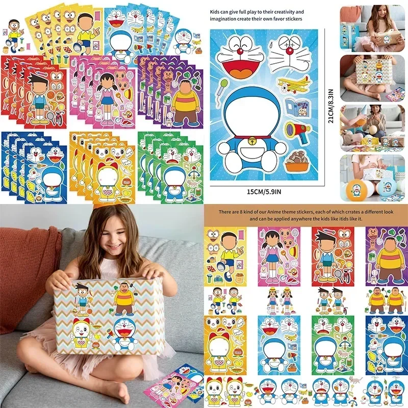 16 Uds. De pegatinas creativas de dibujos animados de Doraemon, rompecabezas DIY, pegatinas que cambian de cara, Anime Dorami Minamoto, juguetes de regalo de cumpleaños para niños