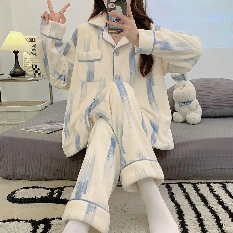 أزياء Homewear الشتاء الدفء بيجامة مجموعة الخريف طويلة الأكمام ملابس المنزل المرأة الفانيلا منامة المرجان الصوف سميكة المخملية