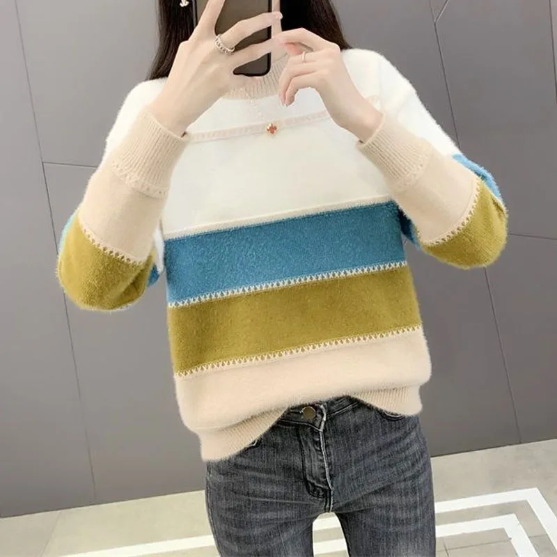 New Autumn/Winter Fashion Korean Edition Colored Mink Fleece Half High Neck Loose Versatile Western Women's Knitted Sweater