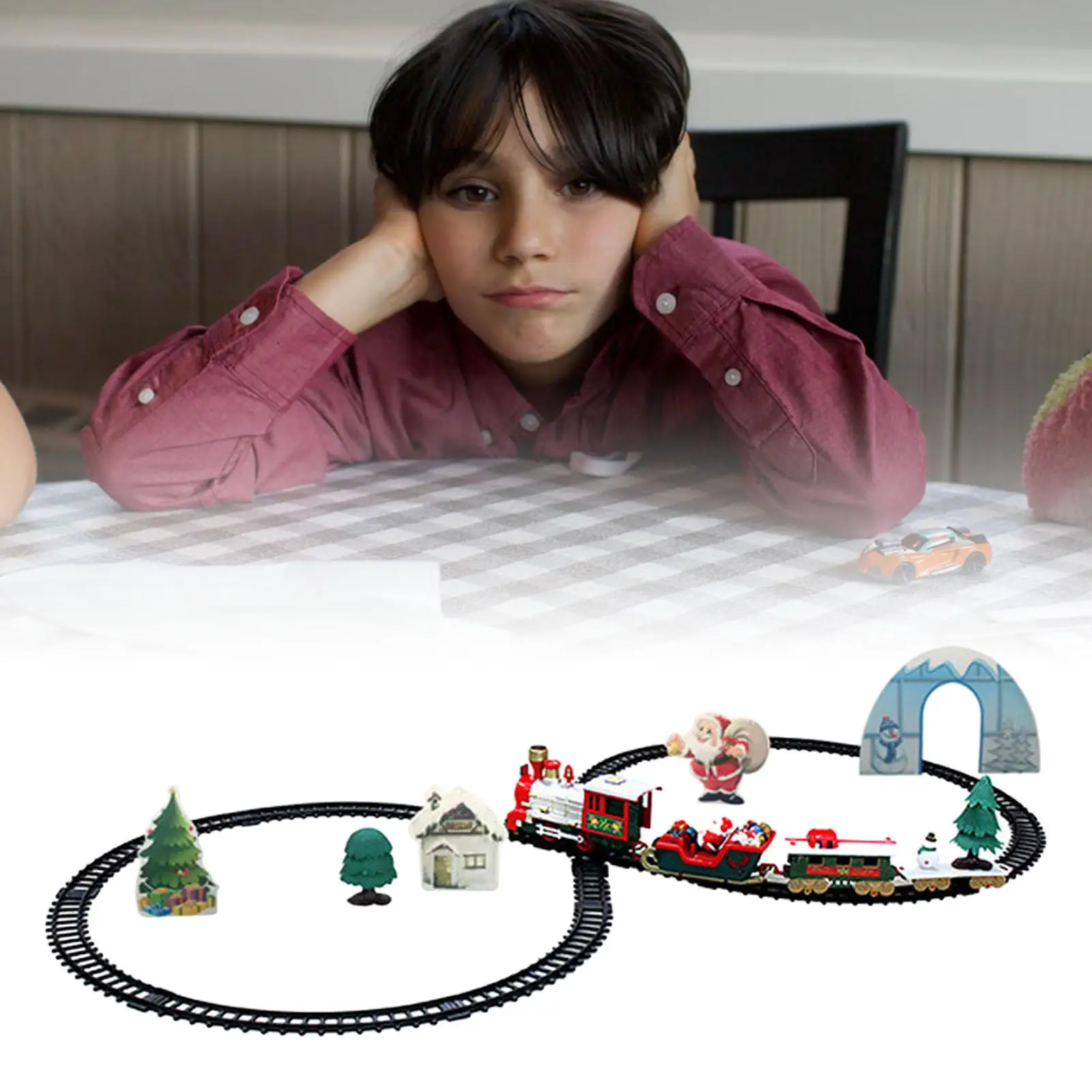 Juego de tren de Navidad eléctrico, juego de vía férrea con motor eléctrico con música, trineo de Papá Noel, muñeco de nieve, regalo de Navidad