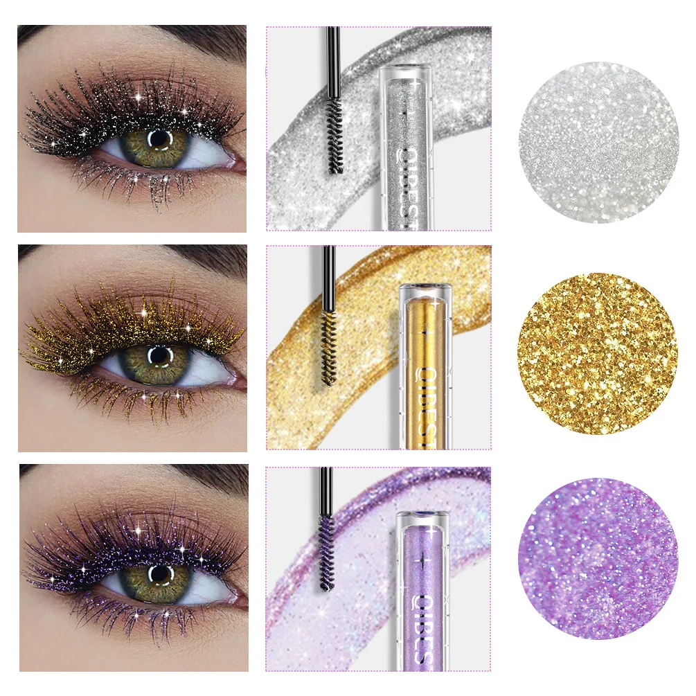 QIBEST Colored Mascara Quick Dry Longlasting Waterproof Sweatproof Curling Shiny Sequins Eyelash Sexy Mascara Shimmer Makeup