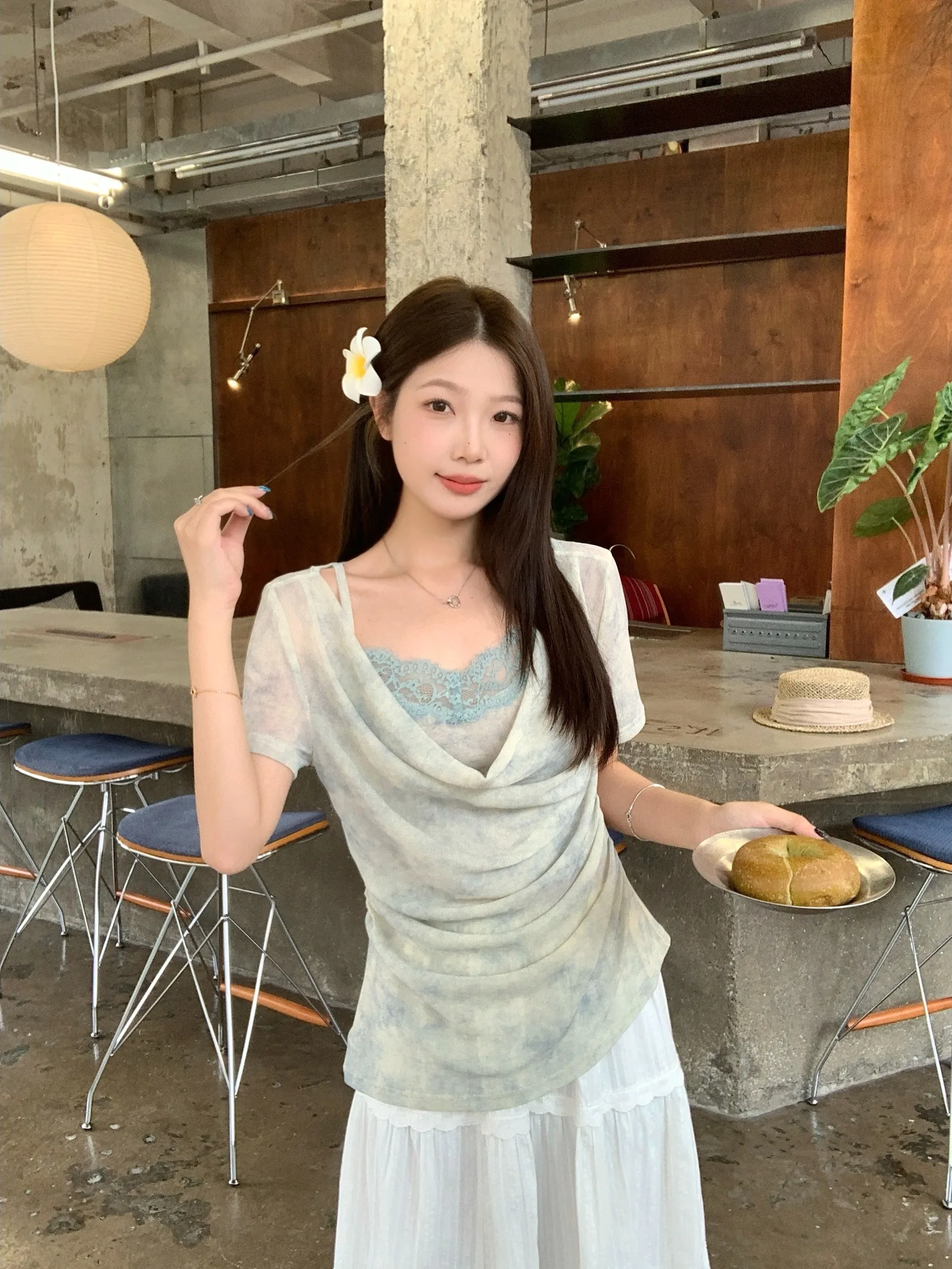 

plus Size Women's Short Sleeve T-Shirt Lace Splice Slimming Design Summer New Style Commute Korean Style Fake Two-Piece Top