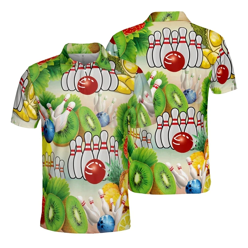 Kaus Polo tim Bowling olahraga motif 3D kaus Polo lengan pendek Gutterball Club Polo grafis untuk pria kaus kancing besar