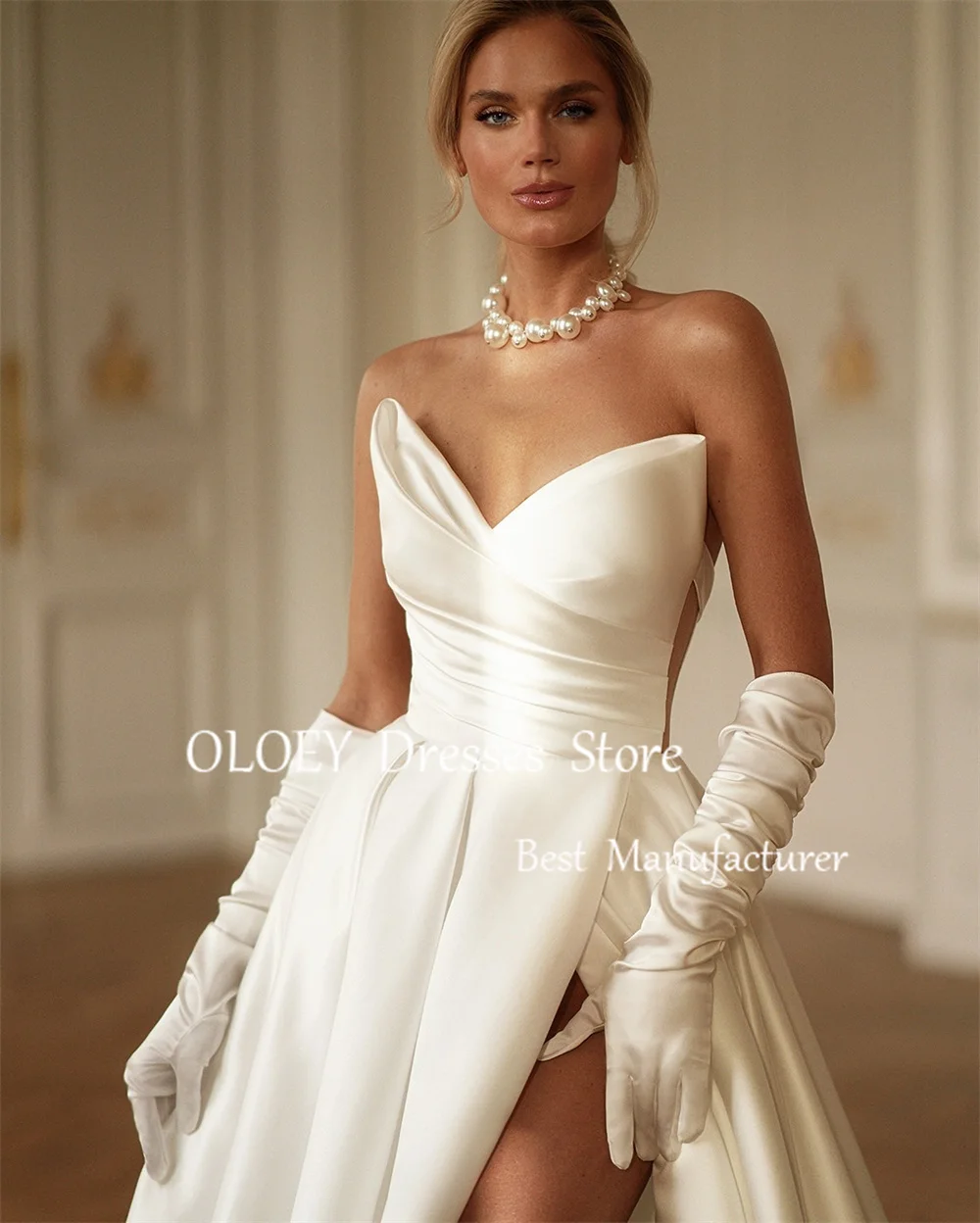 OLOEY Luxury Ivory A Line Wedding Dresses V Neck Pleats Satin Bridal Gowns Sleeveless Side Slit Floor Length Buttons Customized