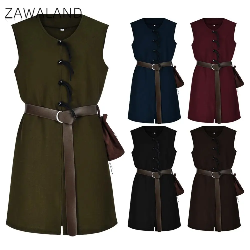 

Zawaland Medieval Viking Sleeveless Tunic Vest Renaissance LARP Costume with Belt Pouch Halloween Carnival Cosplay Party Outfit