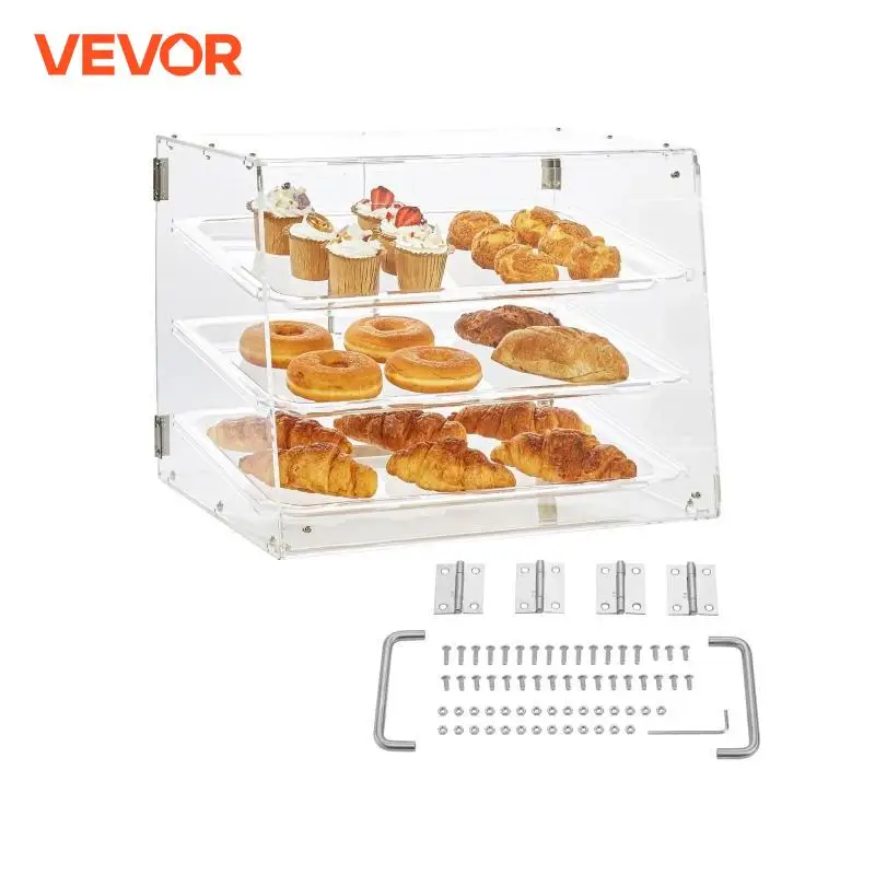 VEVOR 3 Tier Clear Pastry Display Case Acrylic Commercial Countertop Bakery Display Case with Front and Rear Door for Bread