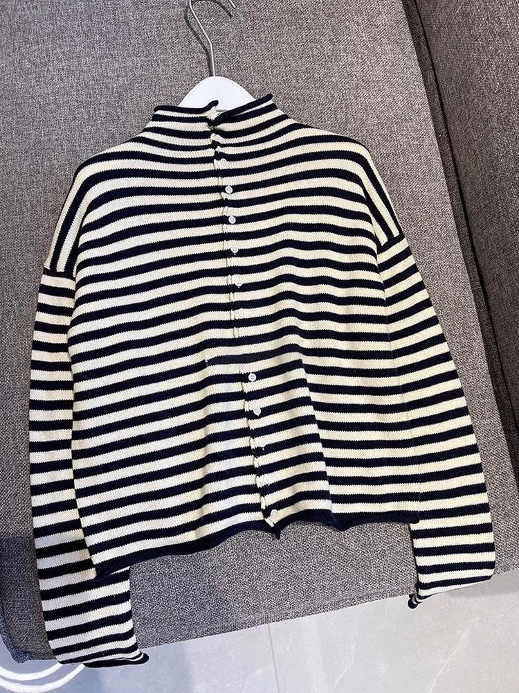 Atasan Rajut Desain Sensasi Warna Garis Blo Long Sve Nyaman untuk Bepergian, Kancing Tunggal, Model Slim