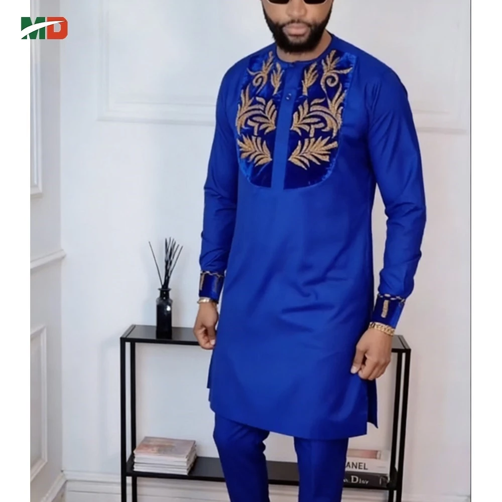 

MD African Clothing For Man Traditional Agbada Sets 2PCS Blue Thobe Shirt Pant Set Embroidered Wedding Party Suits Plus Size