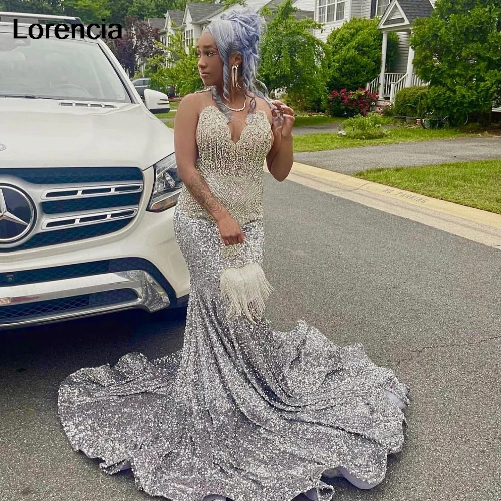 

Lorencia Sparkly Silver Sequins Prom Dress Black Girls Crystal Diamonds Beaded Mermaid Evening Patry Gowns Robe de soirée YPD145