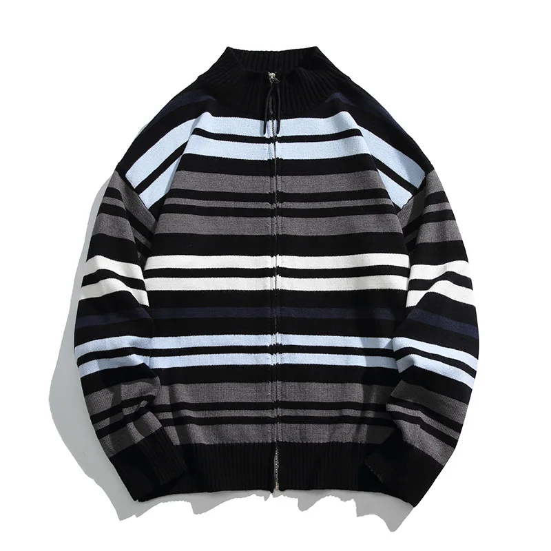 

High Quality Striped Knit Cardigan Sweater Couple Sweatshirt Knit Winter Streetwear Harajuku Male Fashion Casual Knitted Sweater