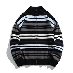 High Quality Striped Knit Cardigan Sweater Couple Sweatshirt Knit Winter Streetwear Harajuku Male Fashion Casual Knitted Sweater