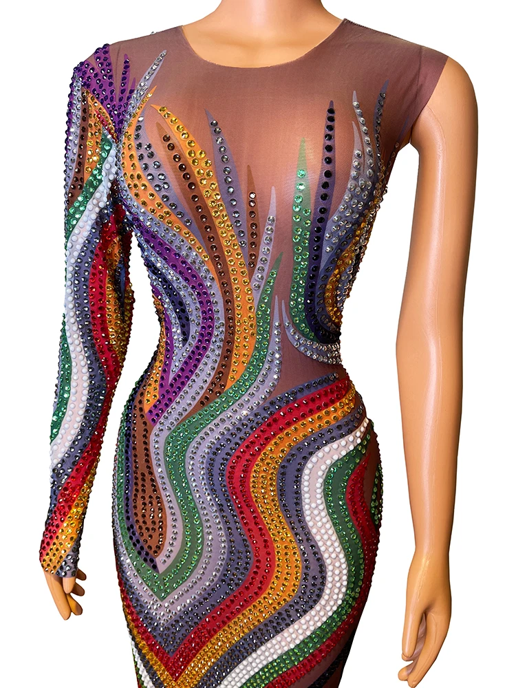 럭셔리 컬러풀 라인스톤 싱글 슬리브 투명 긴 원피스 가수 스타 이브닝 파티 축하 캣워크 드레스, 무대 착용