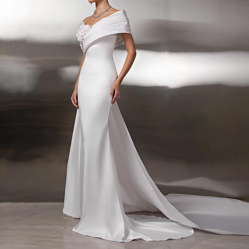 

Customized Mermaid Evening Dresses Floor-length Off The Shoulder Sleeveless Prom Gown Fashion Pleat Flowers Backless Party Gown