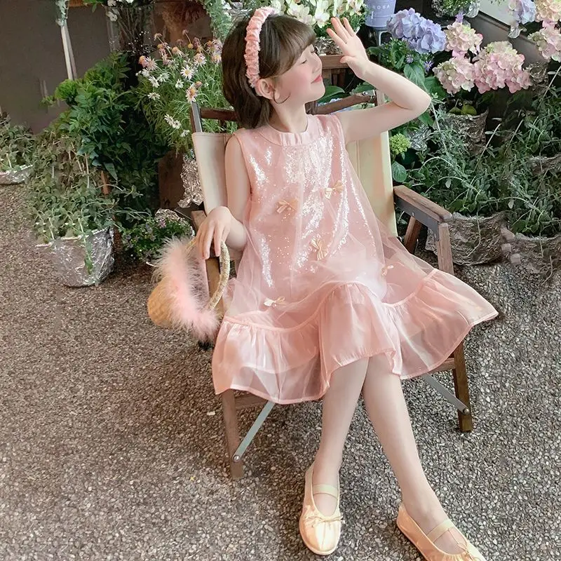 

Summer Baby Girl One-Piece Pink Dress Sleeveless Bow Knot 4-15 year old Quinceanera Dresses Sequin Vintage Clothes Children RM01