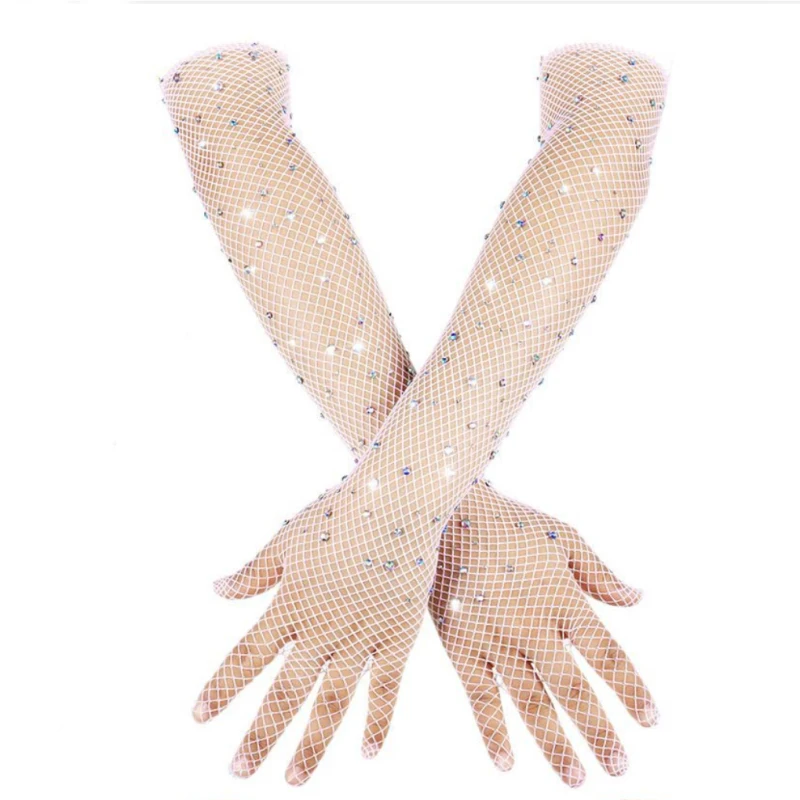 Women Sexy Fishnet Flash Fashion Personality Nightclub Stage Performance Stretch Transparent Hollow Cosplay Thin Long Gloves